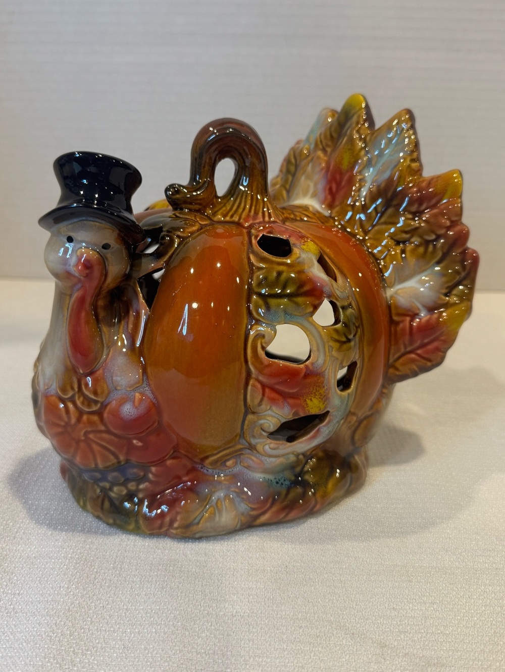 Thanksgiving Pumpkin Turkey Ceramic Glazed w/Cutouts for Tea Lights Fall Autumn